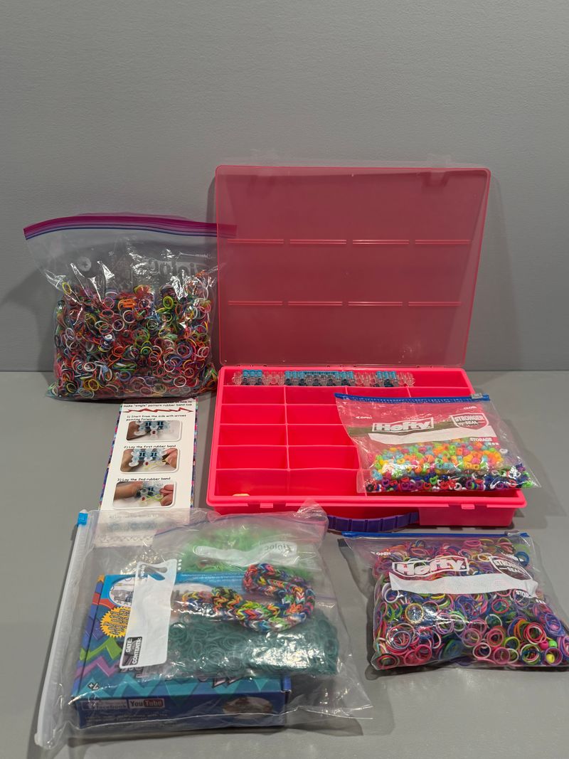 Rainbow Loom bracelet making supplies organizer, large loom, bands, beads, instructions