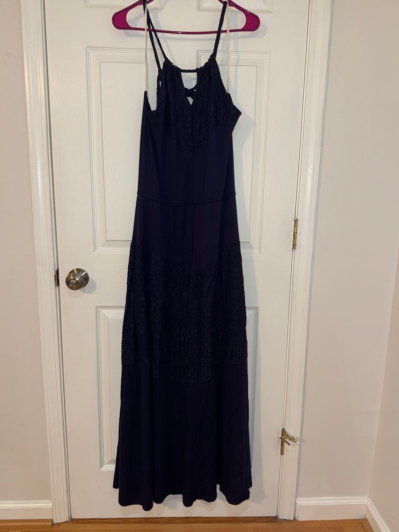 Charming Charlie Navy blue dress with floral detailing on the bottom and tied neck Women's - XXL