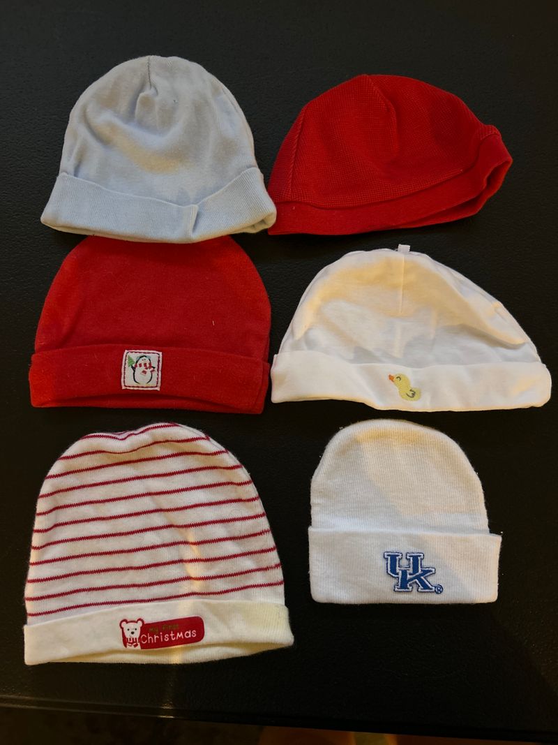 6 baby boy hats in red, blue, and white  Newborn