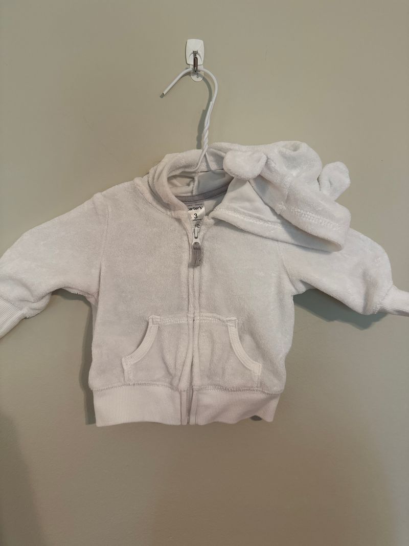 Carters White Terrycloth Zip Jacket with bear ear hood 3 Months