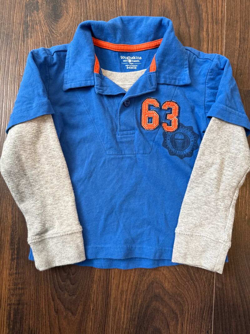 Tough Skins Blue orange and grey long sleeve varsity polo shirt 24 Months