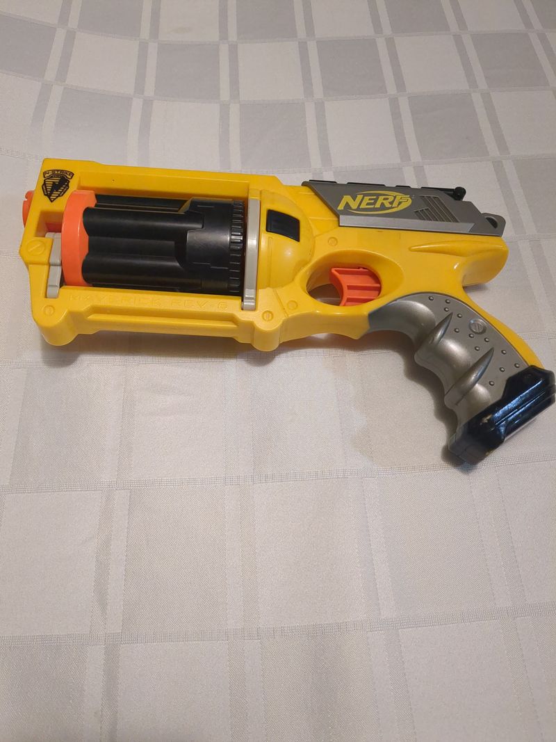Nerf Maverick Rev 6 Shooter Gun Yellow, Black, Orange, and Grey/Holds 6 Foam Bullets Outdoor