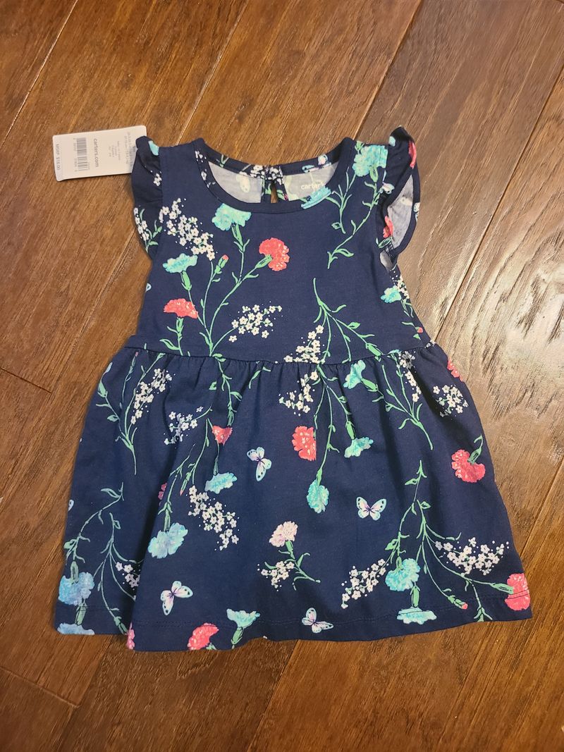 Carters, navy blue floral dress with short ruffle sleeves and solid navy diaper cover, SMR 9 Months