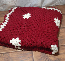 Load image into Gallery viewer, Handmade crochet/afghan red, white flower 63&quot;L x 33&quot; W
