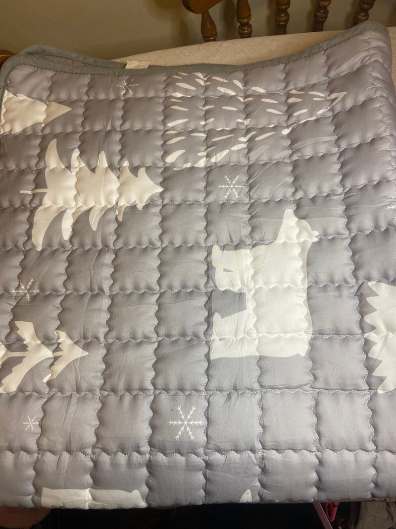 Grey blanket Trees and bears 48 inches down 47 1/2 across Blanket