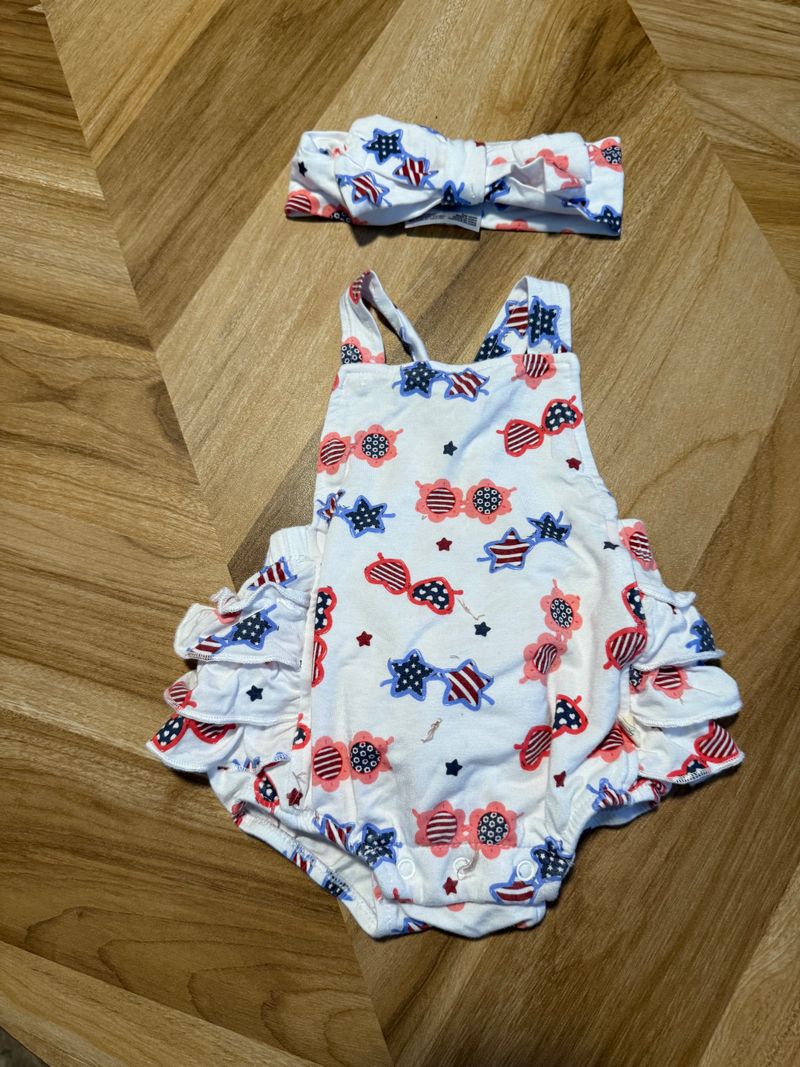 Milk berry Bamboo like summer romper with ruffle butt and matching bow 3 Months