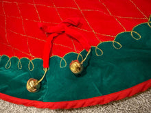 Load image into Gallery viewer, Vintage embroidered tree skirt Red and green velvet with gold thread and bells
