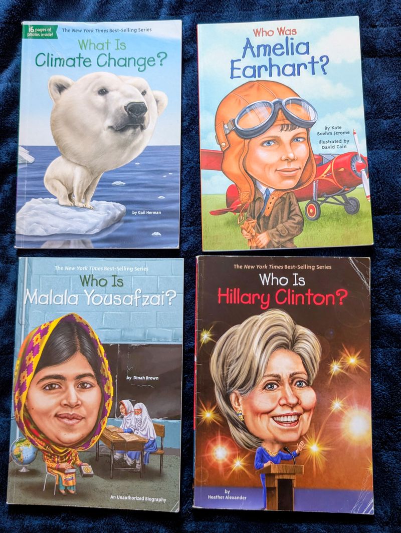 4 Who Was books Malala, Amelia Earhart, Hillary Clinton, Climate Change Youth Chapter Book