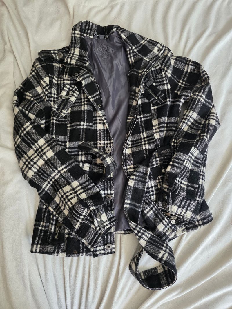 Joujou Womens S white plaid jacket with zipper and tie waist Women's - S