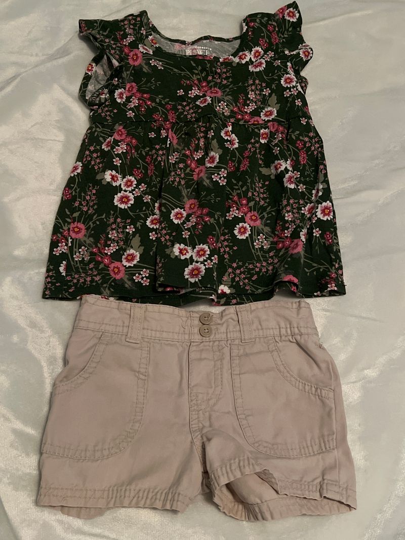 Khaki shorts and green floral top  3T