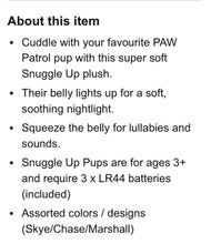 Load image into Gallery viewer, PAW PATROL Snuggle Up Pup-MARSHALL Snuggle Up Pup-MARSHALL W/Nightlight Plush Toys
