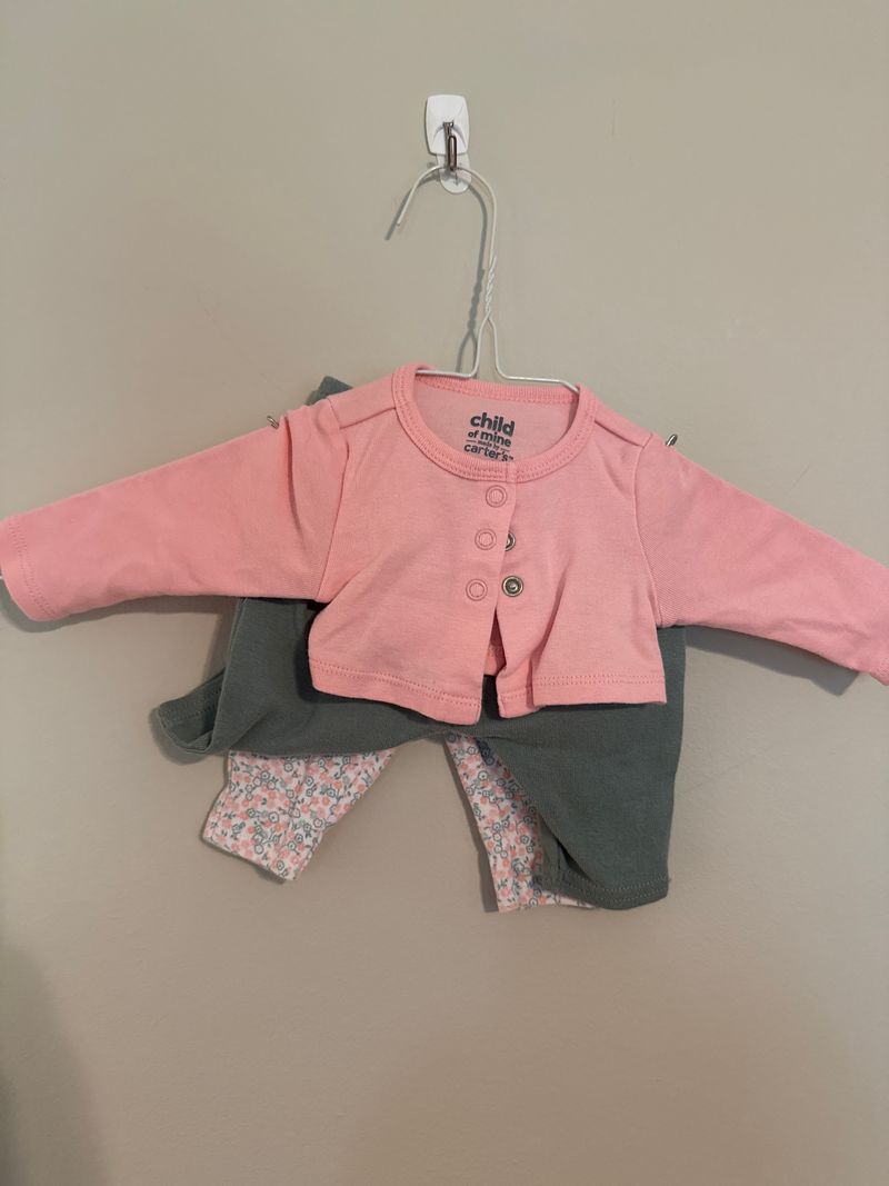 Carters Pink cardigan and 2 pairs of pants Newborn