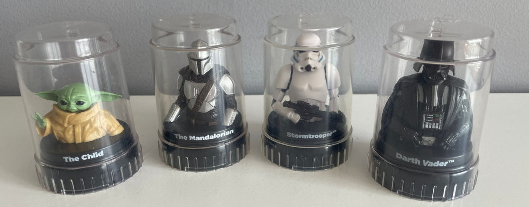 SET OF 4 Star Wars Decorative Figures Plastic Dome Darth Vader, Storm Trooper, Yoda, Mandalorian
