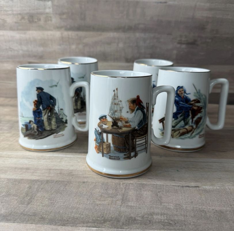 Norman rockwell Vintage mugs of art work Norman rockwell lot of 5