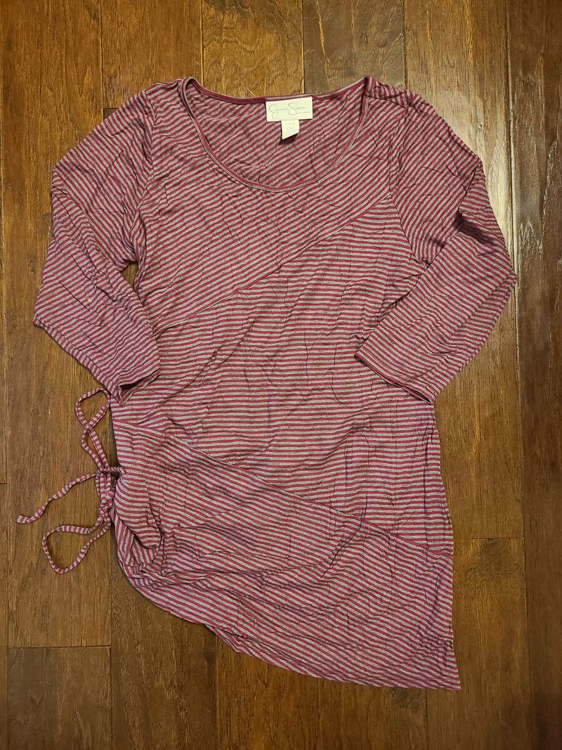 Jessica Simpson, raspberry and gray striped, 3/4 length sleeve top, side tie Women's Large 12-14