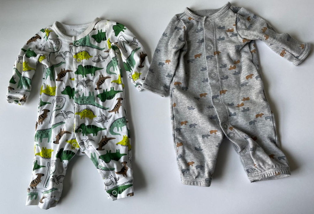Carters - 2 newborn snap up footless sleepers - 1 grey/bears & 1 white/prehistoric animals Newborn