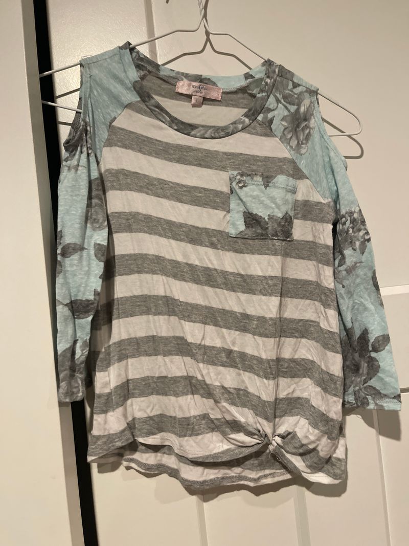 Mo Graham white stripe, aqua flower, long sleeve, peekaboo shirt 10