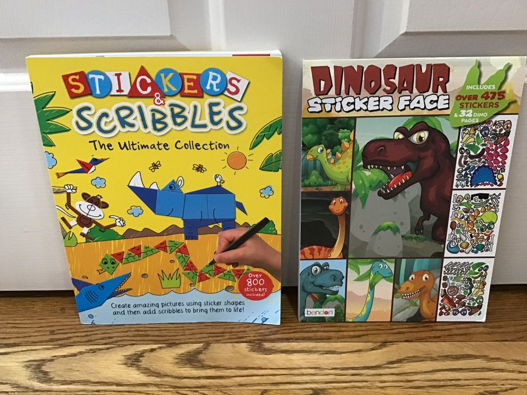 2 Sticker Books-Animals & Dinosaur Faces 2 Sticker Books-800 Stickers & 470-6 Missing Workbook