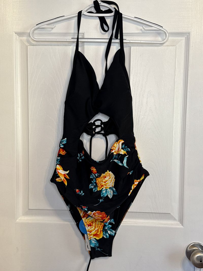 CUPSHE Black one piece swimsuit. Orange flowers ties in back Women's - L