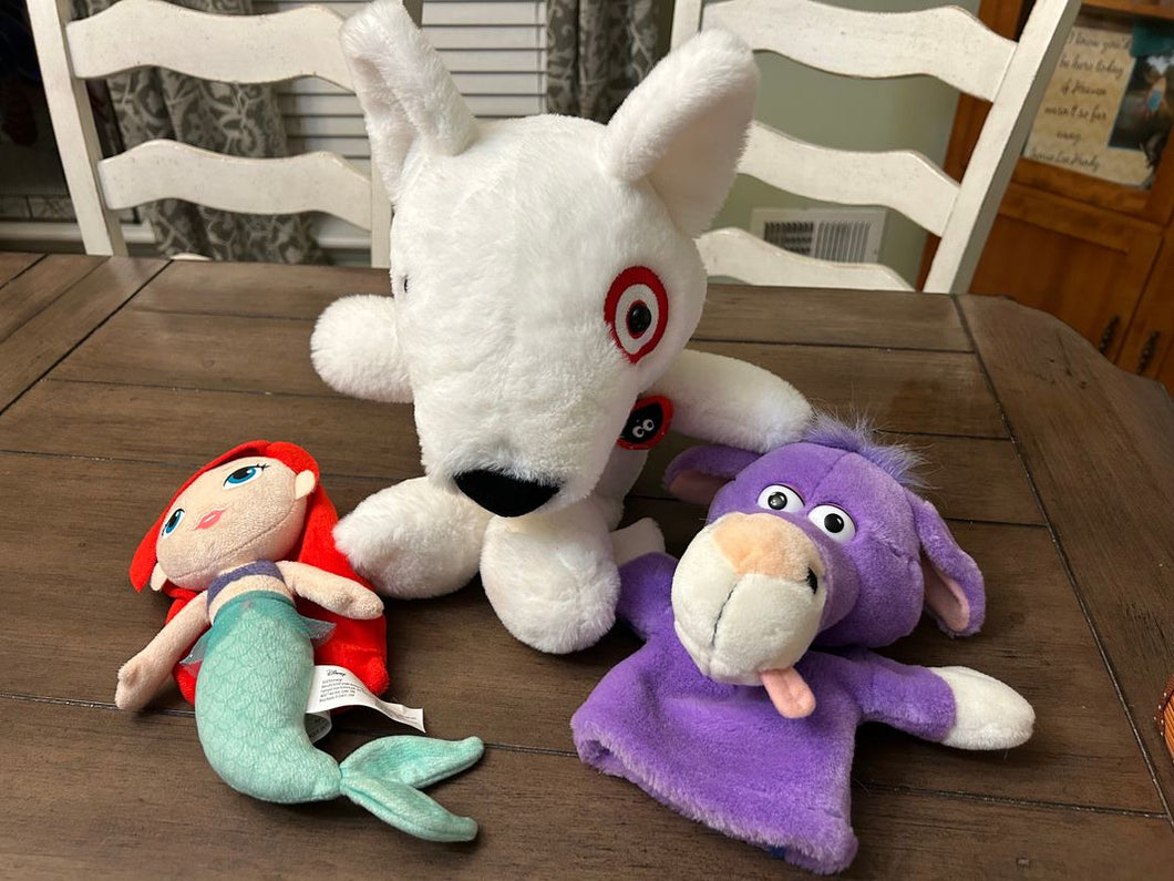 Target dog, mini Ariel, cow puppet lot Target dog, mini Ariel, cow puppet lot Plush Toys