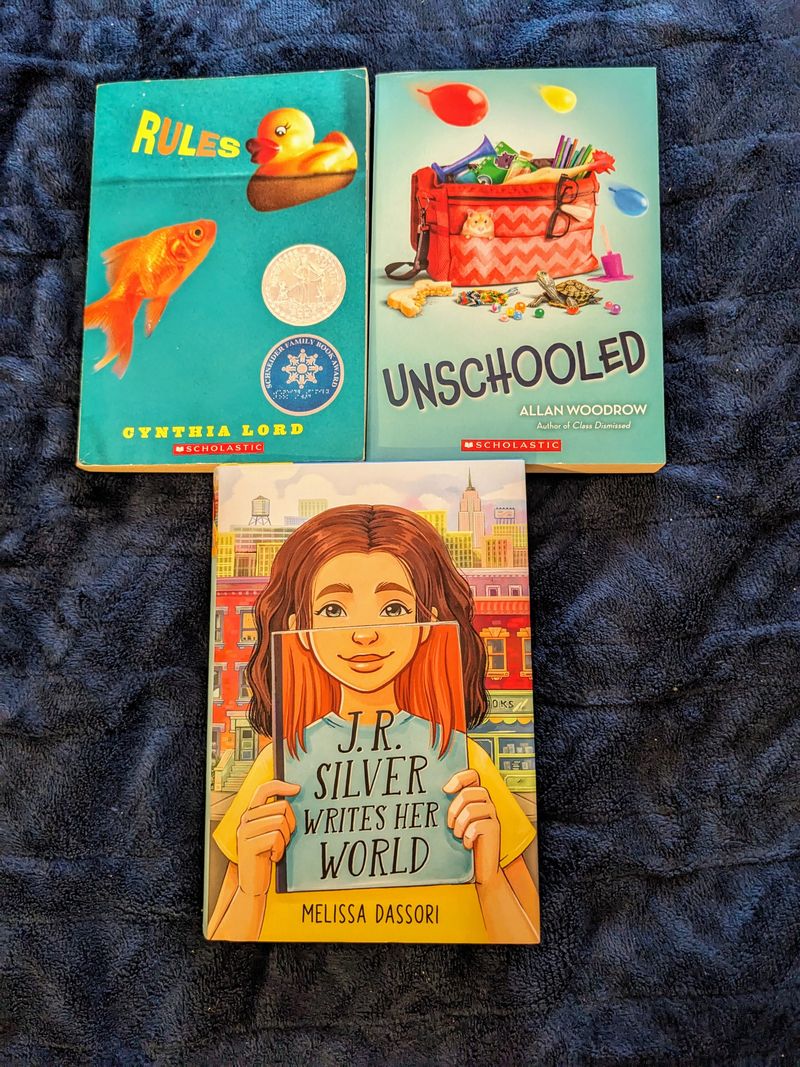 3 realistic fiction books Unschooled, Rules, J.R. Silver Writes her world Youth Chapter Book