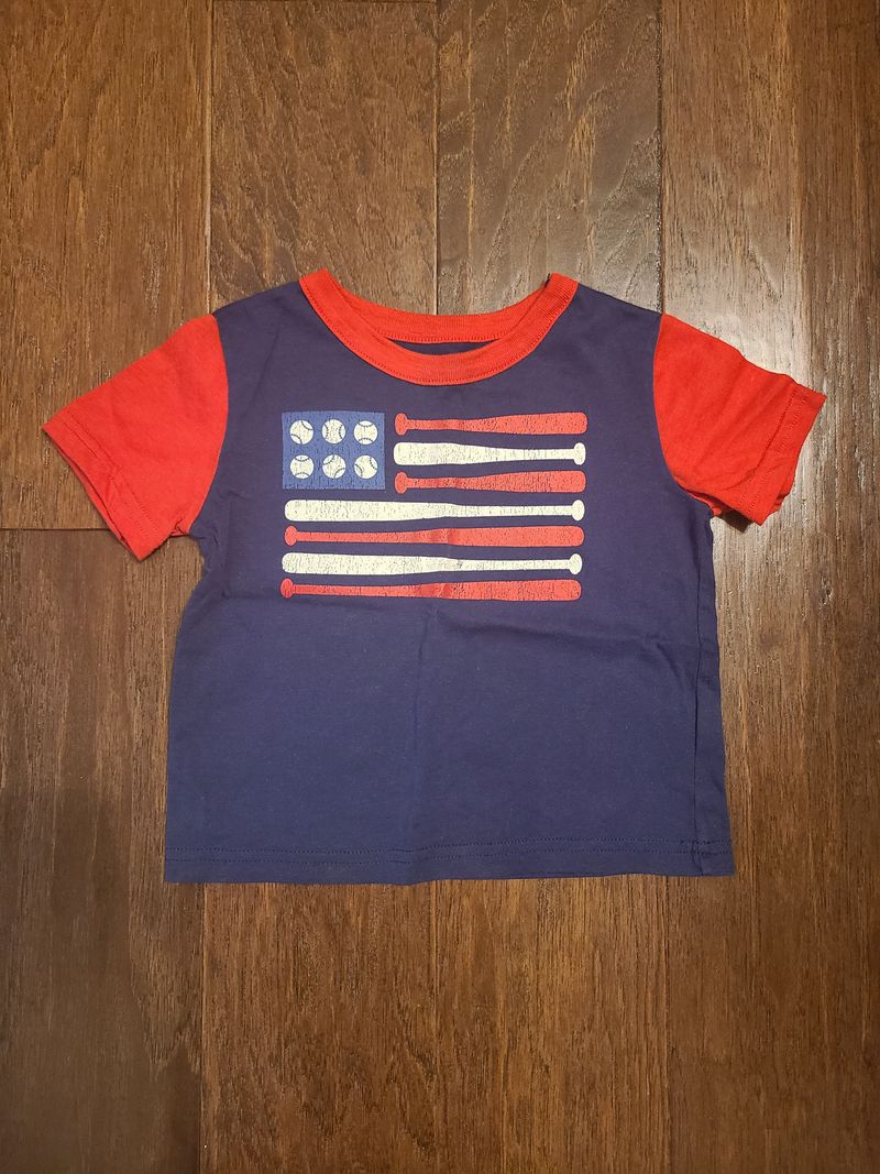SMR, short sleeve patriotic t-shirt, red, white and blue, baseball screenprint, 4th of July 18 Months