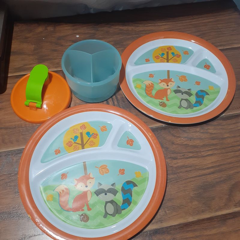 3pc kids woodland theme 2 divided plates and snack cup