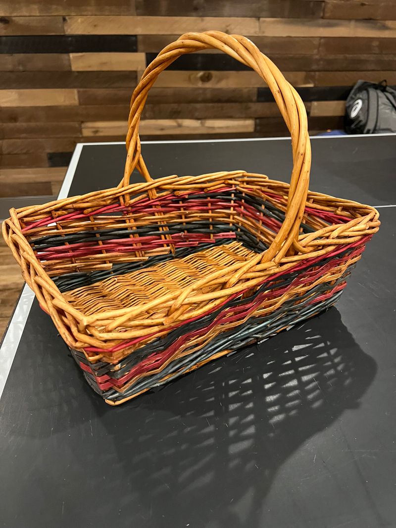1 large multi colored wicker basket Rectangular wicker basket 12 inches long