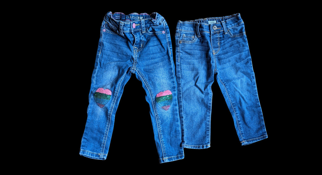 2pc-jeans w/ elastic waist adjust & sequin knees capri jeans with stretch waist. 2T