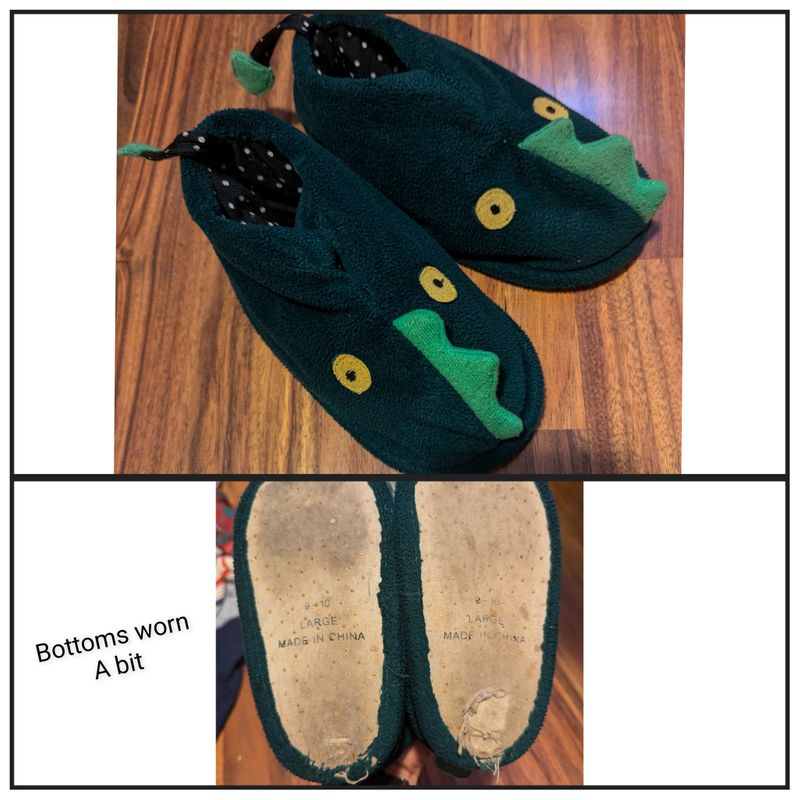 9-10 ESNY hunter green dinosaur slippers Bottom liner worn a bit but still lots of life left 9 (Lil' Kid)