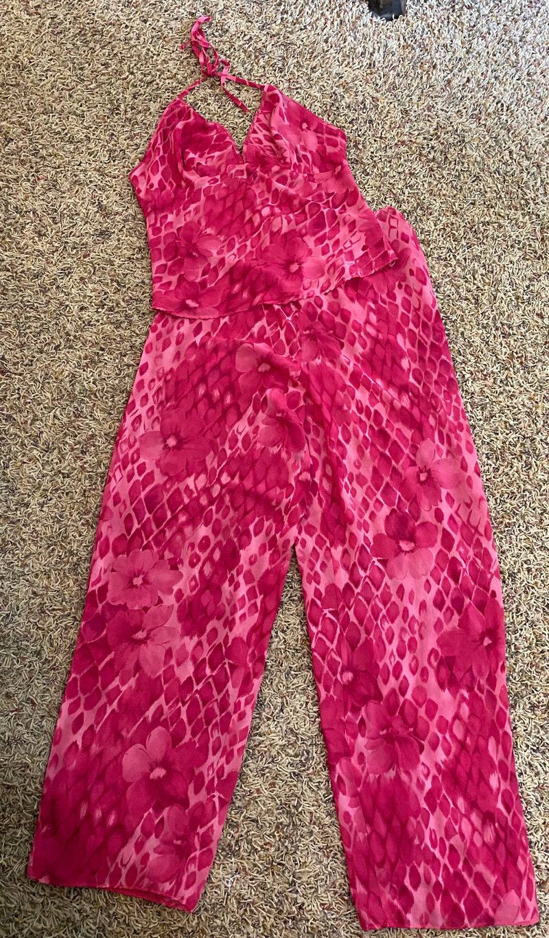 Victorias Secret Halter & Pant Pjs Size Small - Pink Animal Print see through