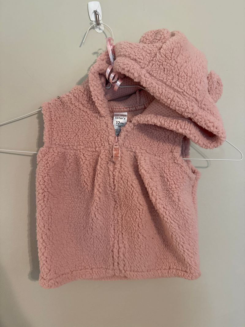 Carters Pink fuzzy vest with bear ear hood 12 Months