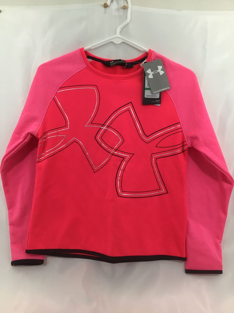 Under Armour l eon pink athletic top YLG NWT $40 silver/black logo 14