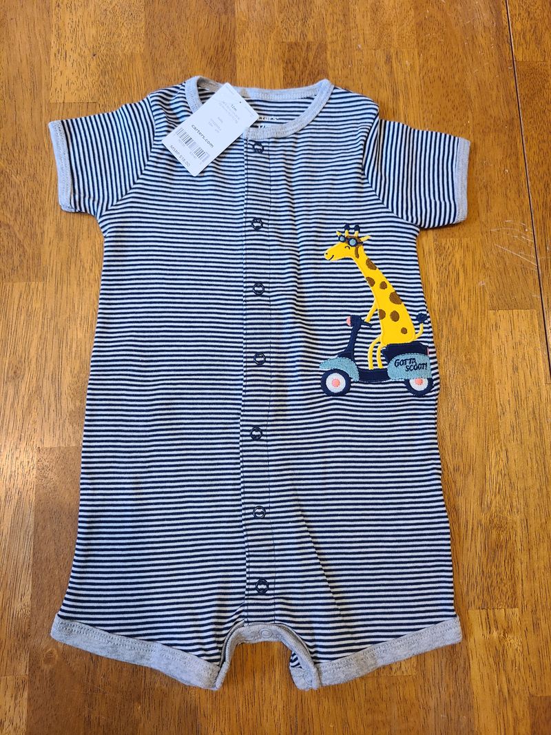 Carters NWT summer striped romper with monogrammed giraffe on scooter 12 Months