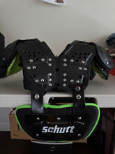 Load image into Gallery viewer, Schutt shoulder pads with back plate size 3XS 9 to 10 inch like new blk and lime green text
