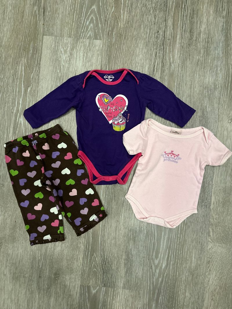 6-9mo, Long Sleeve, Short Sleeve & Pant, Purple I Love Grandma, Pink Princess, Brown Heart Pant 6 Months