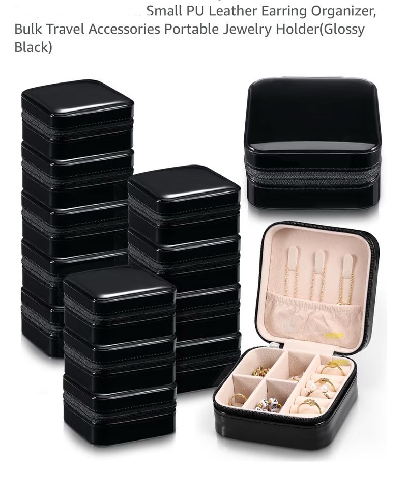 10 black travel jewelry boxes shiny, zip closure