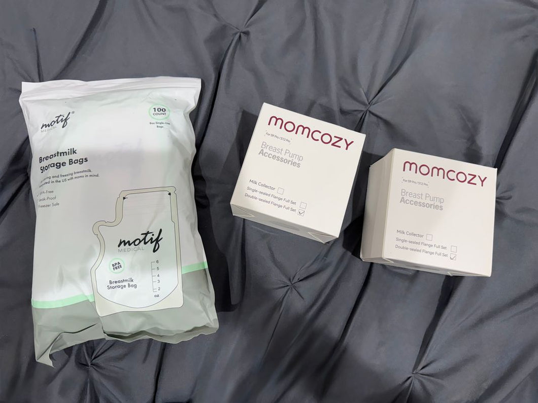 2 momcozy flange sets and motif storage bags