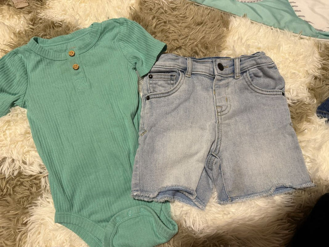Cat and Jack teal ribbed onesie, jean shorts minor stain 18 Months