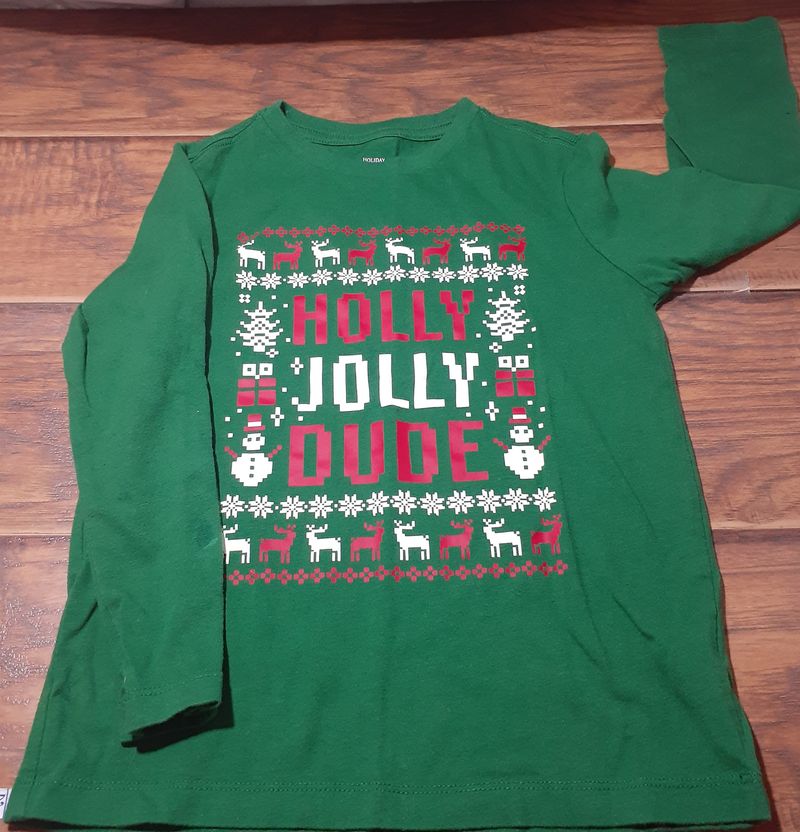 Holiday Time XS 4/5 green long sleeve shirt .. Holly Jolly Dude 4T