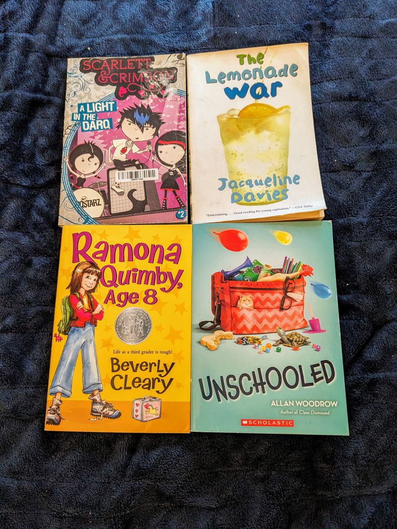 4 realistic fiction books Ramona, lemonade war, unschooled, scarlett and crimson Youth Chapter Book
