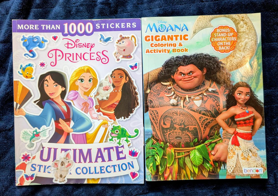 2 Sticker books 1 Moana thmed, 1 Disney themed, mostly unused Workbook