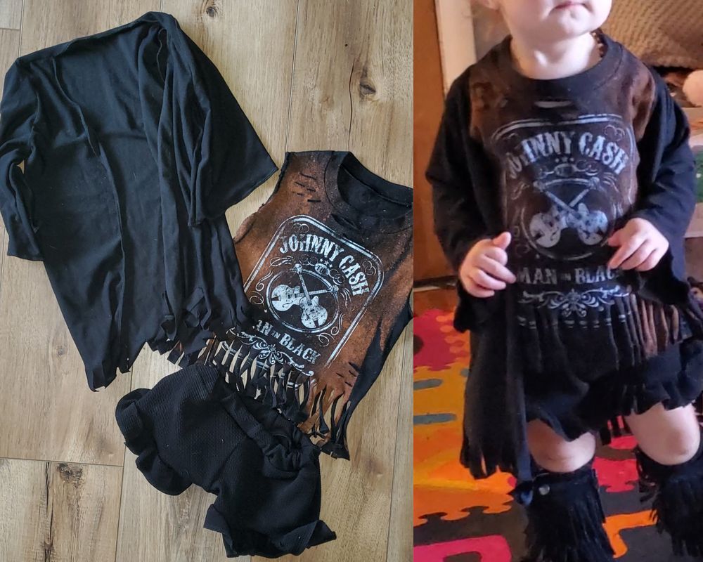 Little Southern Swag Black shorts,  sleeveless Johnny cash shirt and duster with fring 12 Months