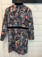 Load image into Gallery viewer, Colorful paisley &amp; floral long sweater/jacket colorful w/ black buttons and pockets &amp; velvet neck trim Women&#39;s - M
