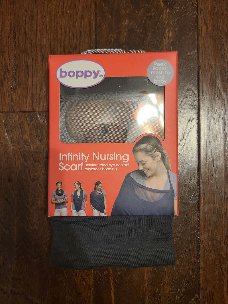 Boppy, NWT, gray infinity nursing scarf with mesh panel to see baby