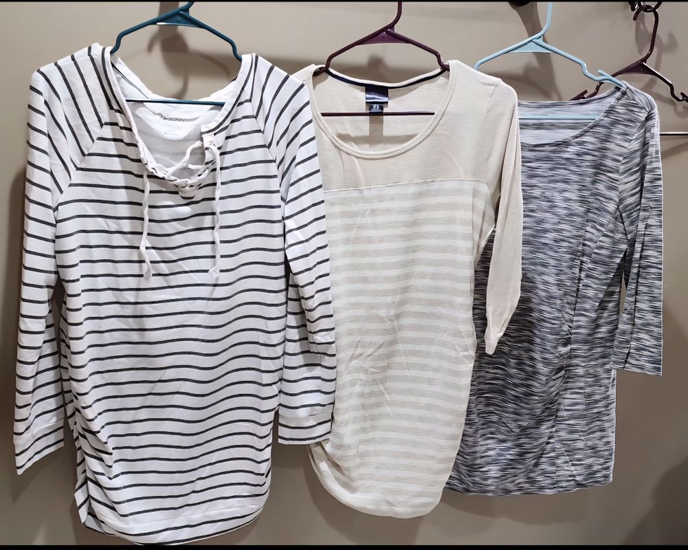 Aglow / Motherhood. Maternity. Size Large. 1 long-sleeved, 2- 3/4 sleeve ruched shirts Women's Large 12-14