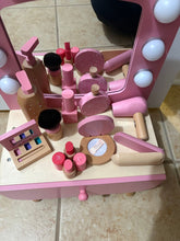 Load image into Gallery viewer, Pink light up play vanity Wooden pretend makeup, blow dryer, straightener, perfume, lotion Pretend Toy
