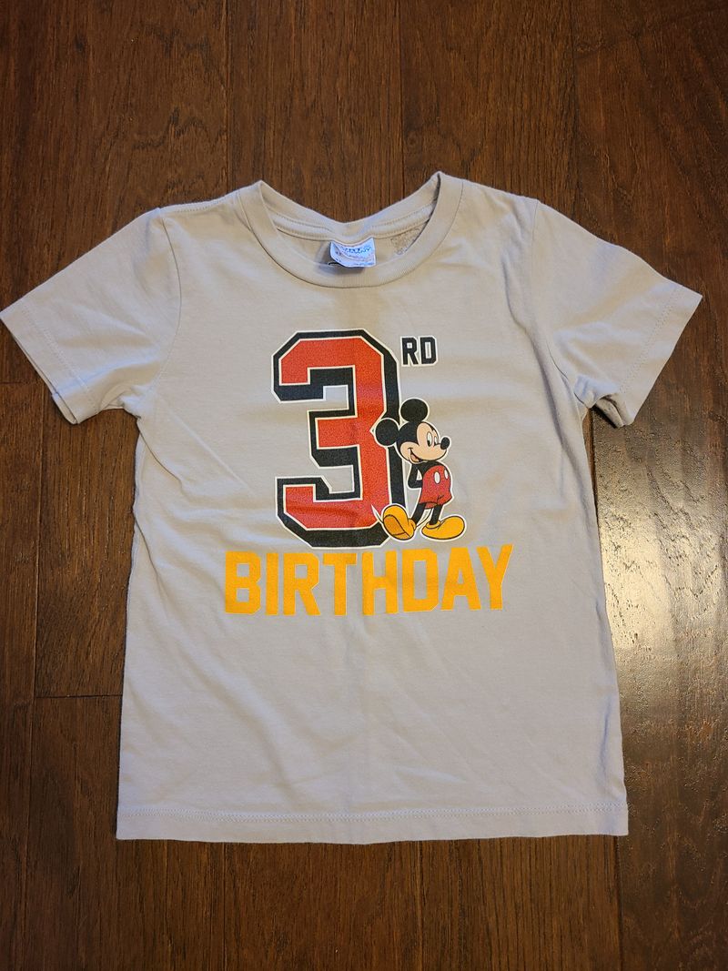 Port and Company Mickey 3rd Birthday gray short sleeve t-shirt, sticker residue on inside 4T