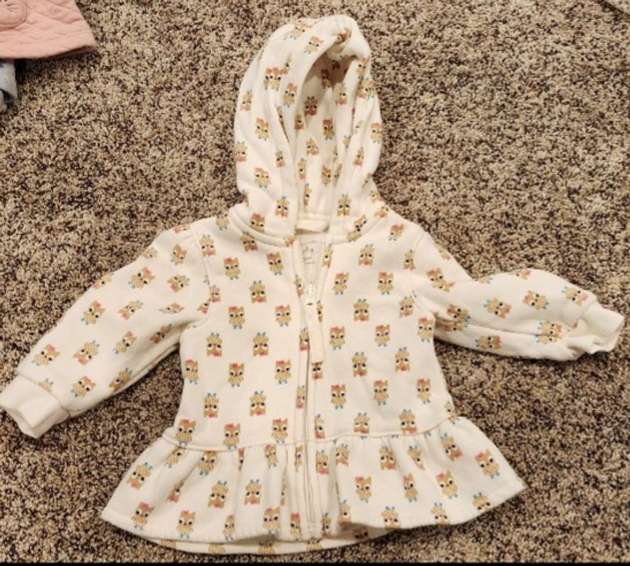 Falls Creek Baby. 3-6 mo. Fleece lined zip up jack White w/ owls 3 Months