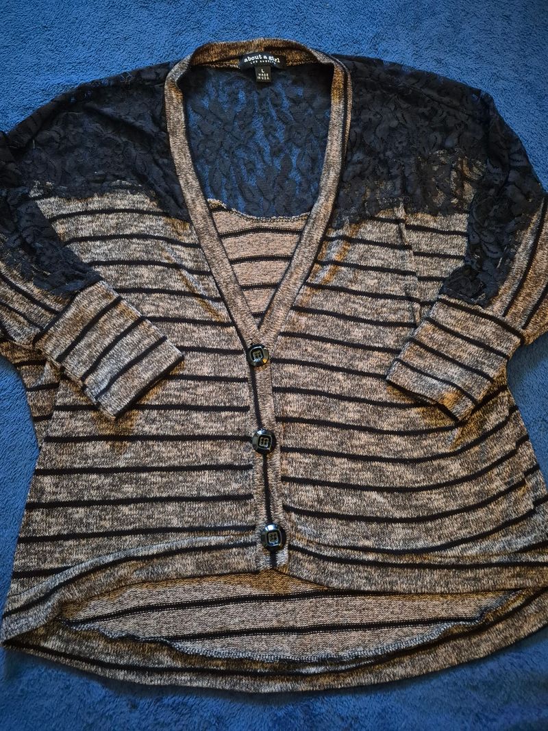 About a Girl Womens Brown and Black Lace Sleeve Cardigan with Stripes Women's - L